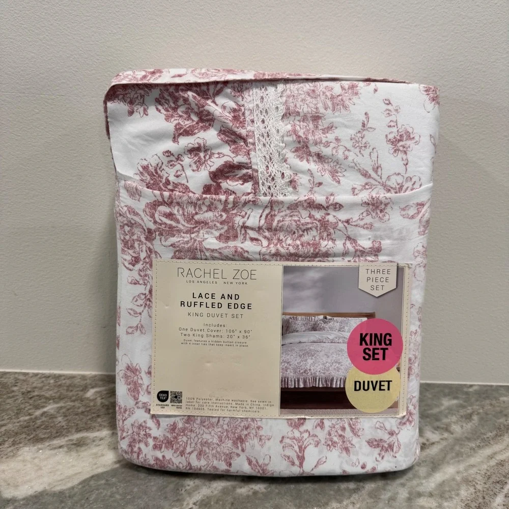 Rachel Zoe King Duvet Set 3pc Lace Ruffled Edge Mauve Floral Toile White NEW